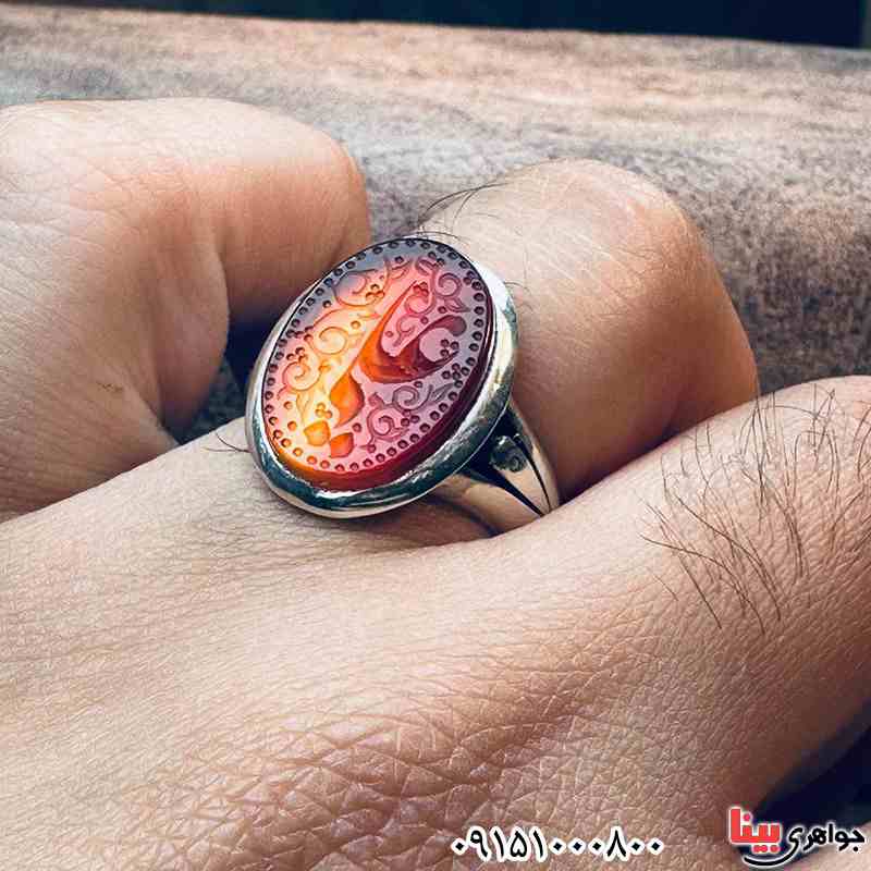 انگشتر عقیق زیبا خطی دو رنگ با حکاکی یا علی _کد:33557