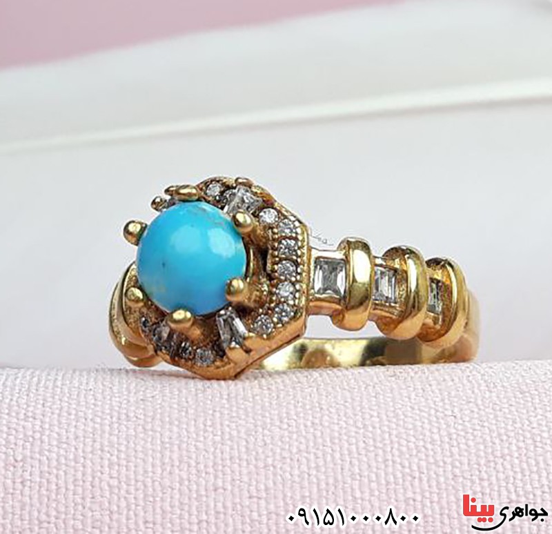انگشتر فیروزه نیشابوری بسیار خوش قیمت با آبکاری طلا _کد:33602