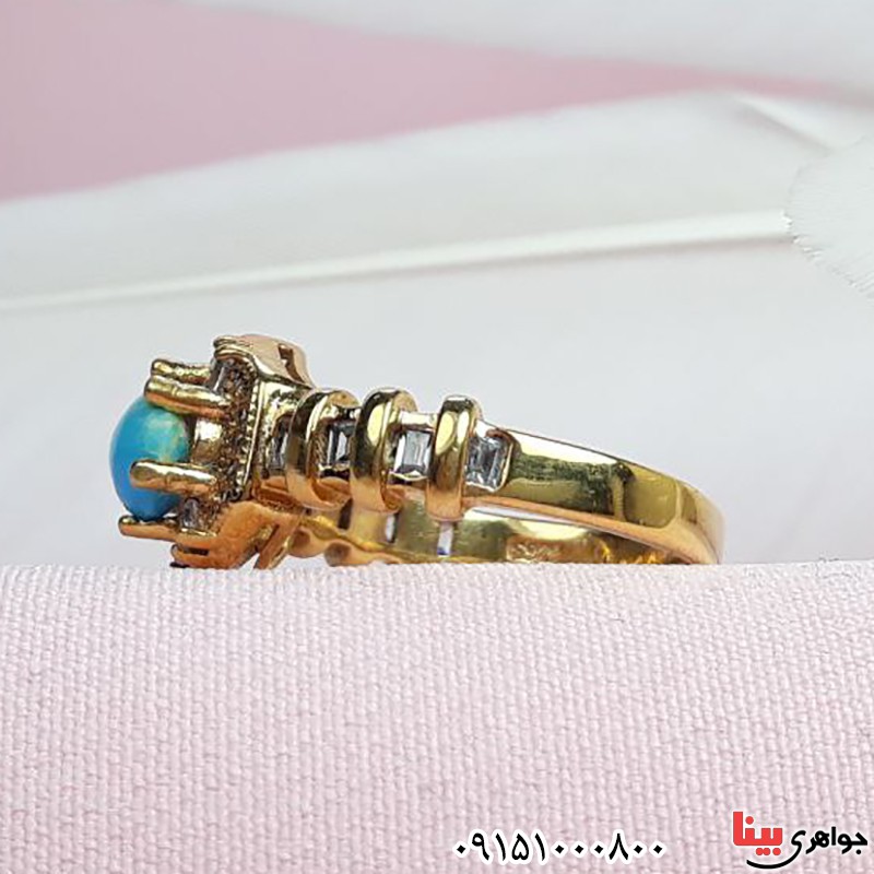 انگشتر فیروزه نیشابوری بسیار خوش قیمت با آبکاری طلا _کد:33602