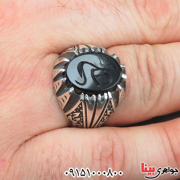 انگشتر عقیق سیاه (اونیکس) خطی بسیار زیبا با حکاکی علی _کد:33608