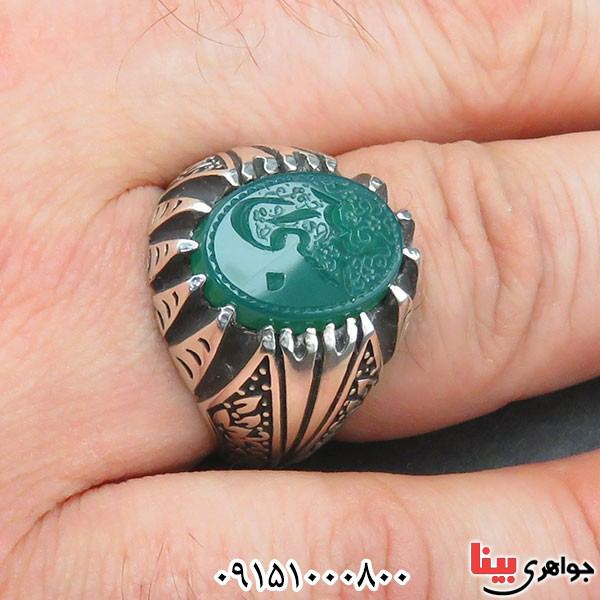 انگشتر عقیق سبز خطی بسیار خوشرنگ با حکاکی حسبی الله خوش تراش _کد:33613