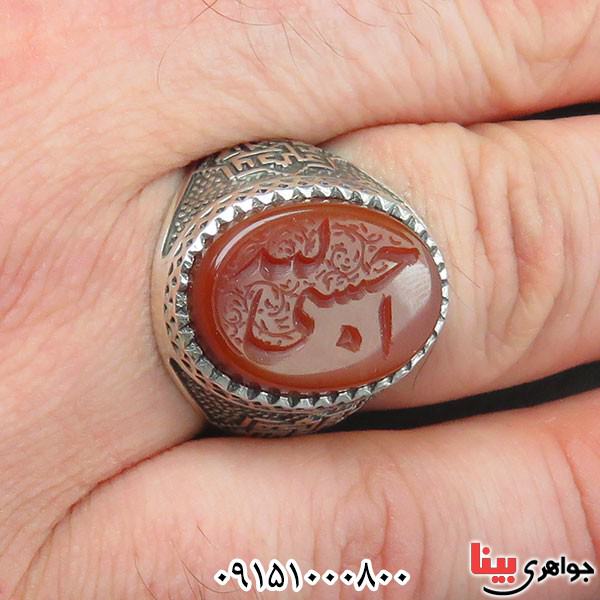 انگشتر عقیق قرمز خطی شیک با حکاکی حسبی الله _کد:33625