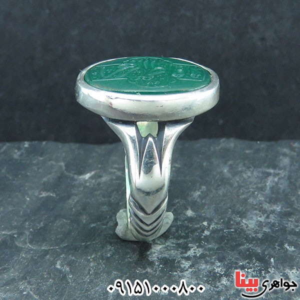 انگشتر عقیق سبز خطی بسیار خوشرنگ با حکاکی یا فاطمه الزهرا _کد:33626