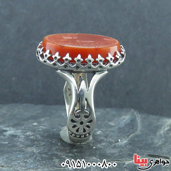 انگشتر عقیق قرمز خطی بسیار ارزشمندو شکیل با حکاکی حسن جان _کد:33642
