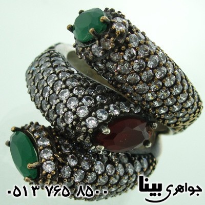 انگشتر جید سبز و سرخ سه نگین
