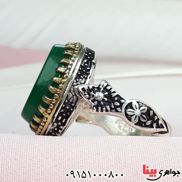 انگشتر عقیق سبز خطی بسیار خوشرنگ با حکاکی یا حیدر کرار _کد:33783