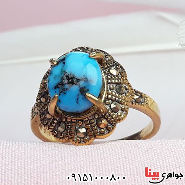 انگشتر فیروزه نیشابوری بسیار زیبا با آبکاری طلا _کد:33785