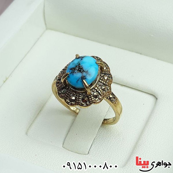 انگشتر فیروزه نیشابوری بسیار زیبا با آبکاری طلا _کد:33785