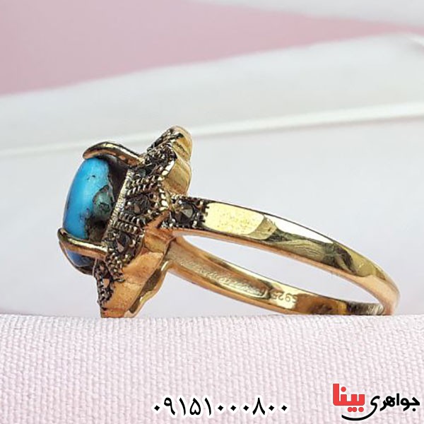 انگشتر فیروزه نیشابوری بسیار زیبا با آبکاری طلا _کد:33785