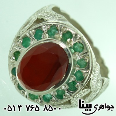 انگشتر چند جواهر عقیق یمنی تراش و زمرد مردانه