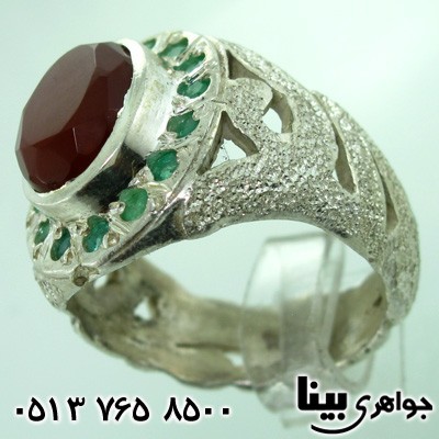 انگشتر چند جواهر عقیق یمنی تراش و زمرد مردانه