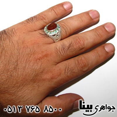 انگشتر چند جواهر عقیق یمنی تراش و زمرد مردانه