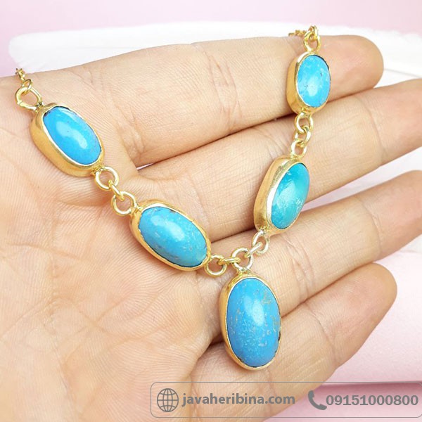 سینه ریز فیروزه تبت با آبکاری طلا _کد:33947