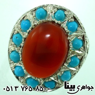 انگشتر چند جواهر عقیق یمنی و فیروزه مردانه فاخر درشت