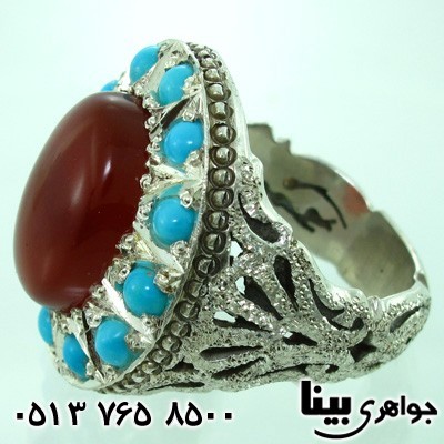 انگشتر چند جواهر عقیق یمنی و فیروزه مردانه فاخر درشت