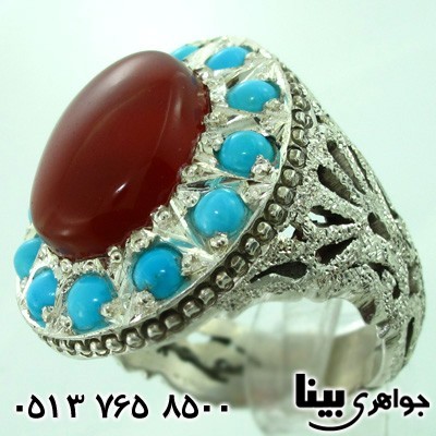 انگشتر چند جواهر عقیق یمنی و فیروزه مردانه فاخر درشت