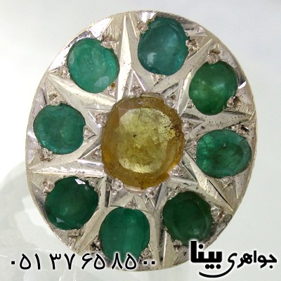انگشتر چند جواهر یاقوت زرد و زمرد مردانه فاخر درشت