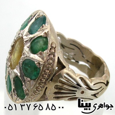انگشتر چند جواهر یاقوت زرد و زمرد مردانه فاخر درشت