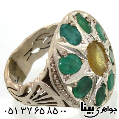 انگشتر چند جواهر یاقوت زرد و زمرد مردانه فاخر درشت