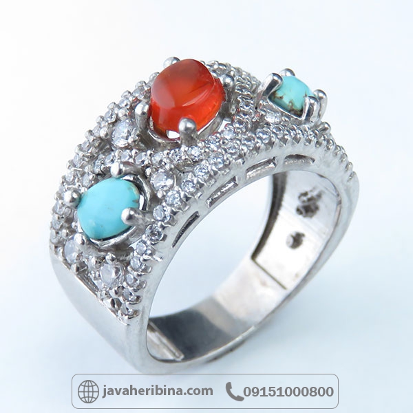 انگشتر چند جواهر عقیق یمن و فیروزه نیشابور _کد:34609