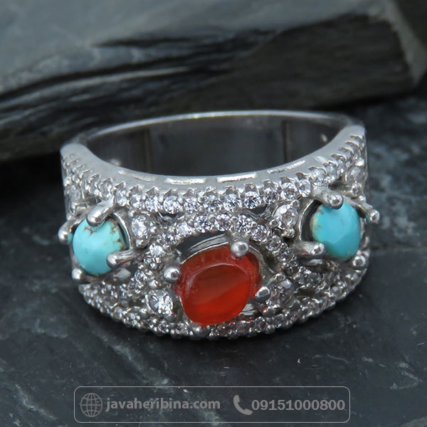 انگشتر چند جواهر عقیق یمن و فیروزه نیشابور _کد:34609