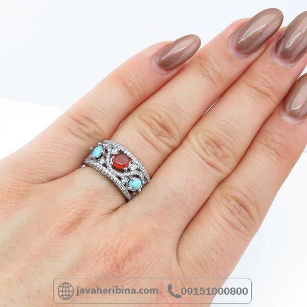 انگشتر چند جواهر عقیق یمن و فیروزه نیشابور _کد:34609