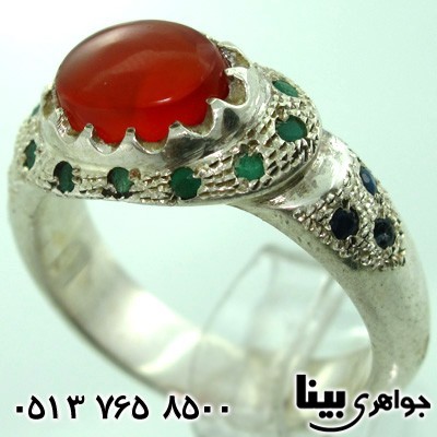 انگشتر چند جواهر عقیق یمنی و زمرد و یاقوت کبود سنتی مردانه