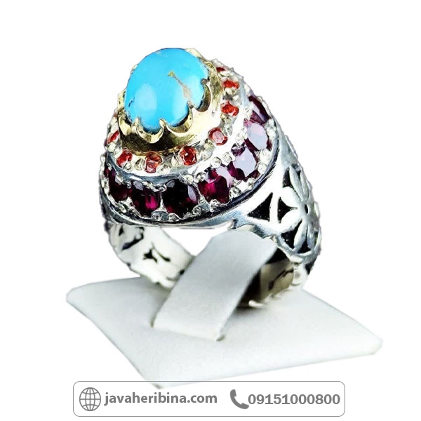 انگشتر فیروزه نیشابور با مخراج سنگ گارنت _کد:34815