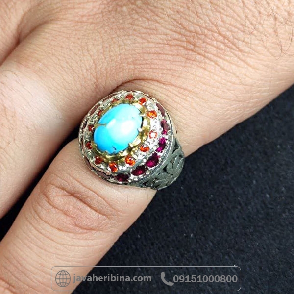 انگشتر فیروزه نیشابور با مخراج سنگ گارنت _کد:34815