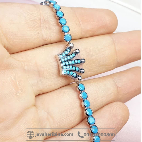 دستبند نقره طرح فیروزه و تاج بسیار زیبا _کد:34838
