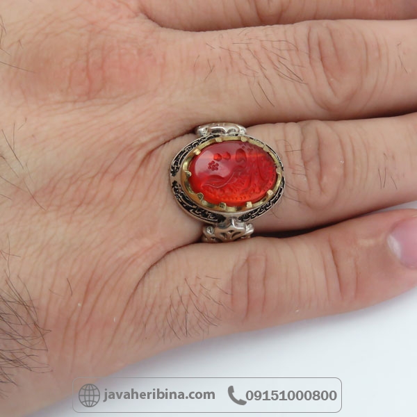 انگشتر عقیق قرمز نقره مردانه با حکاکی یا رقیه _کد:34849