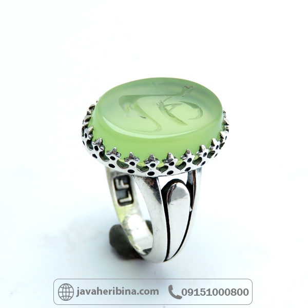 انگشتر عقیق سبز کاهویی خطی زیبا با حکاکی یا علی _کد:34851