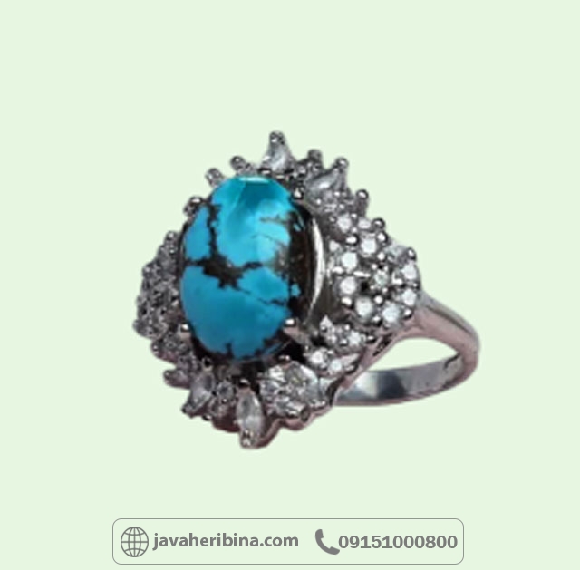 انگشتر فیروزه نیشابوری رودیوم خاص و خوشرنگ _کد:34911
