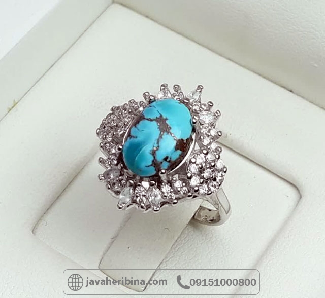 انگشتر فیروزه نیشابوری رودیوم خاص و خوشرنگ _کد:34911