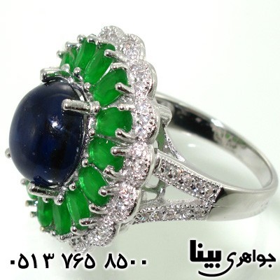 انگشتر یاقوت کبود درشت دایره و جید سبز اشرافی زنانه