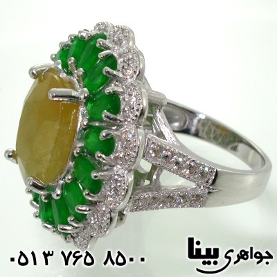 انگشتر یاقوت زرد درشت و جید سبز اشرافی زنانه