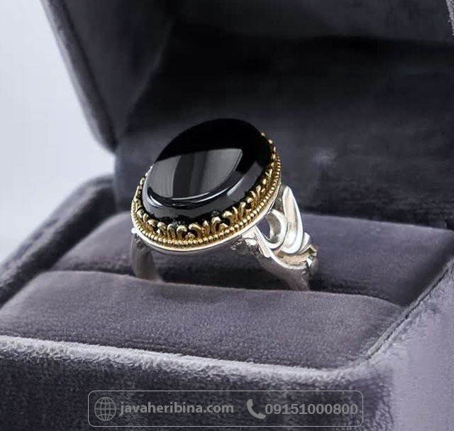 انگشتر عقیق سیاه (اونیکس) نقره مردانه با رکاب یا حسین _کد:34960