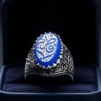 انگشتر عقیق آبی نقره مردانه با حکاکی فاطمه 