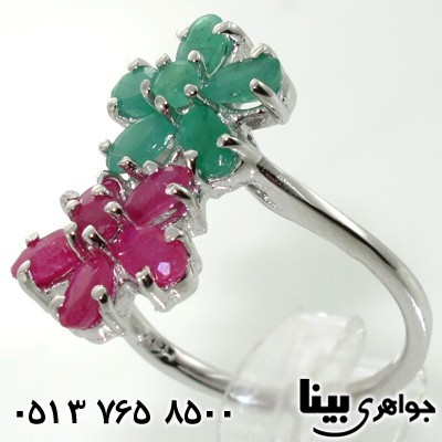 انگشتر چند جواهر یاقوت سرخ و زمرد دو گل زنانه