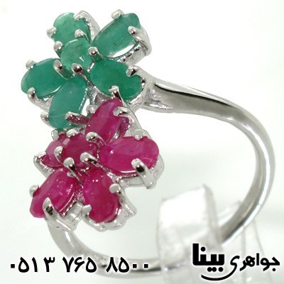 انگشتر چند جواهر یاقوت سرخ و زمرد دو گل زنانه