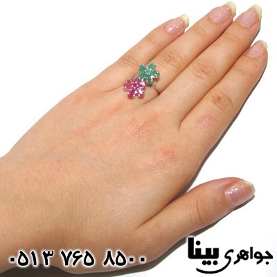انگشتر چند جواهر یاقوت سرخ و زمرد دو گل زنانه
