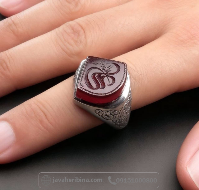 انگشتر عقیق یمنی نقره مردانه با تراش نقطه و حکاکی علی علیه السلام _کد:34969