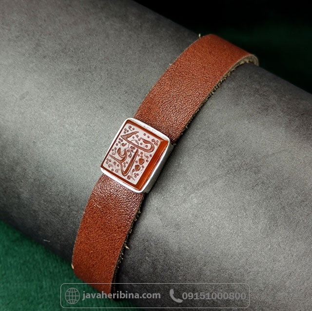 دستبند عقیق یمنی با قاب نقره و چرم طبیعی با قفل آهنربایی _کد:34985