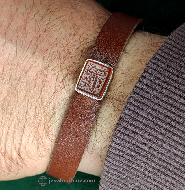 دستبند عقیق یمنی با قاب نقره و چرم طبیعی با قفل آهنربایی _کد:34985