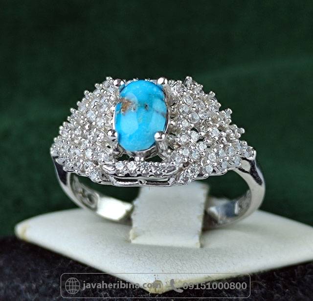 انگشتر فیروزه نیشابوری رودیوم خاص و خوشرنگ _کد:34989