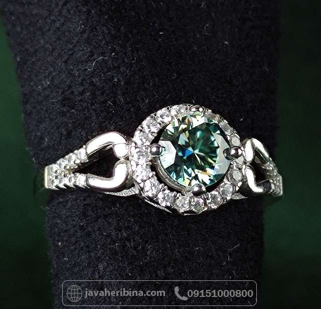 انگشتر الماس موزونایت سبز نقره زنانه _کد:35005