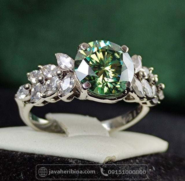 انگشتر الماس موزونایت سبز نقره زنانه _کد:35006