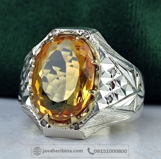 انگشتر سیترین با مخراج 10 قطعه الماس _کد:35008
