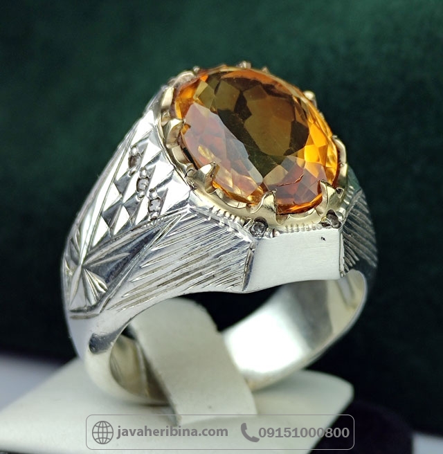 انگشتر سیترین با مخراج 10 قطعه الماس _کد:35008