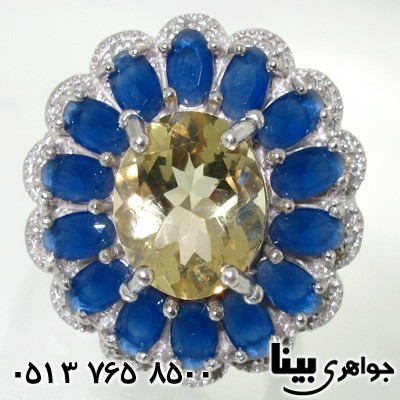 انگشتر سیترین درشت و یاقوت کبود اشرافی زنانه